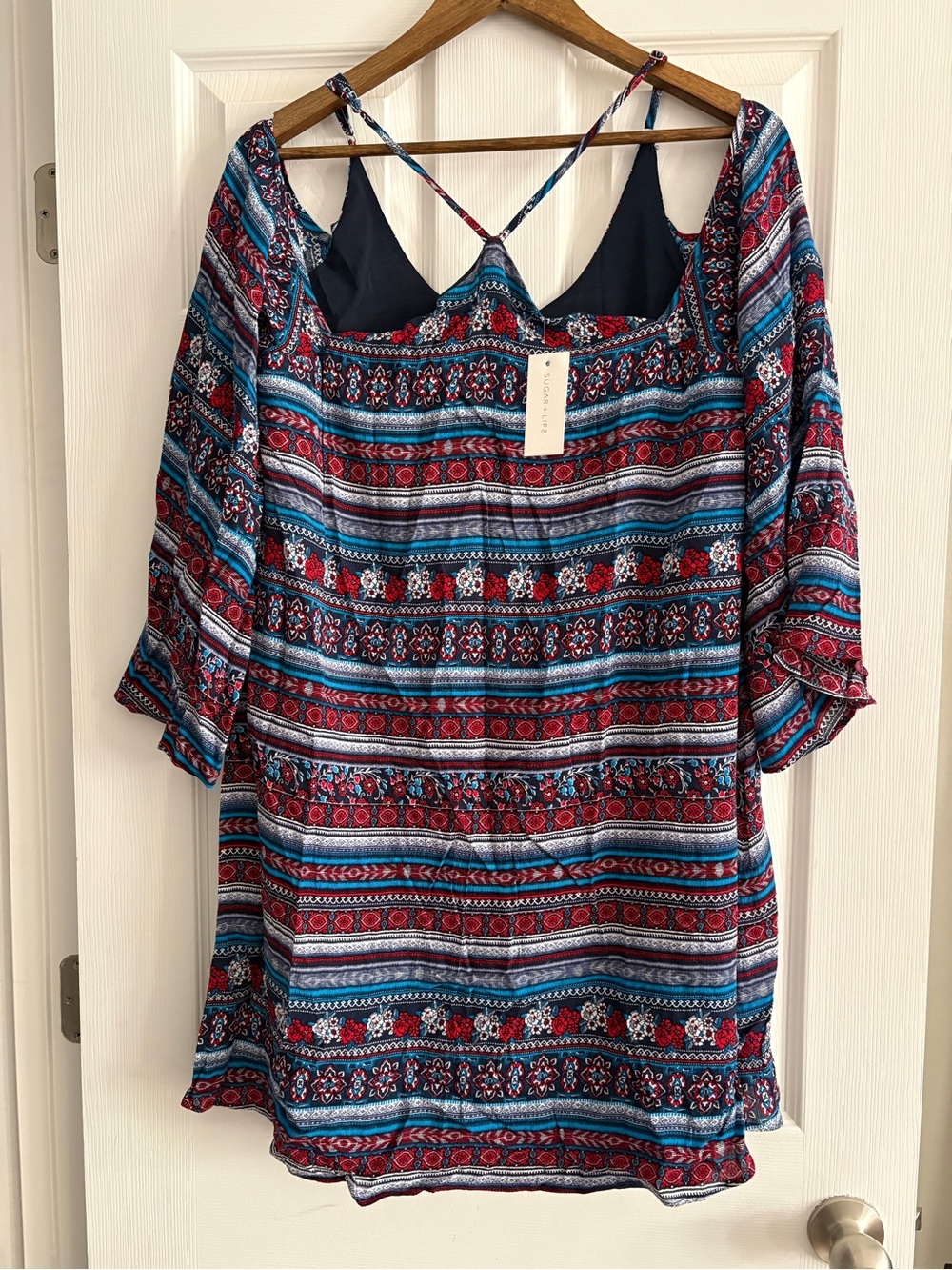 Sugarlips Navy, Red & Teal Striped Cold-Shoulder Tunic